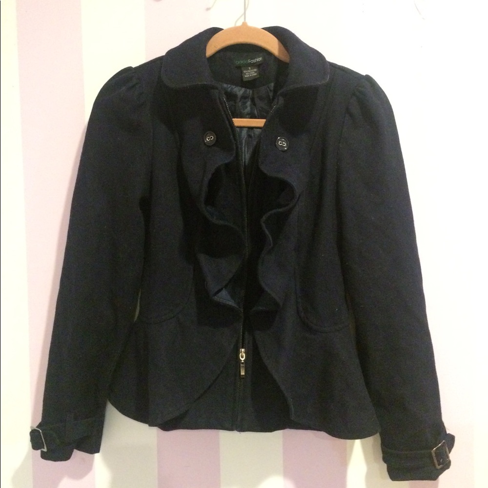 Navy Ruffle Pea Coat